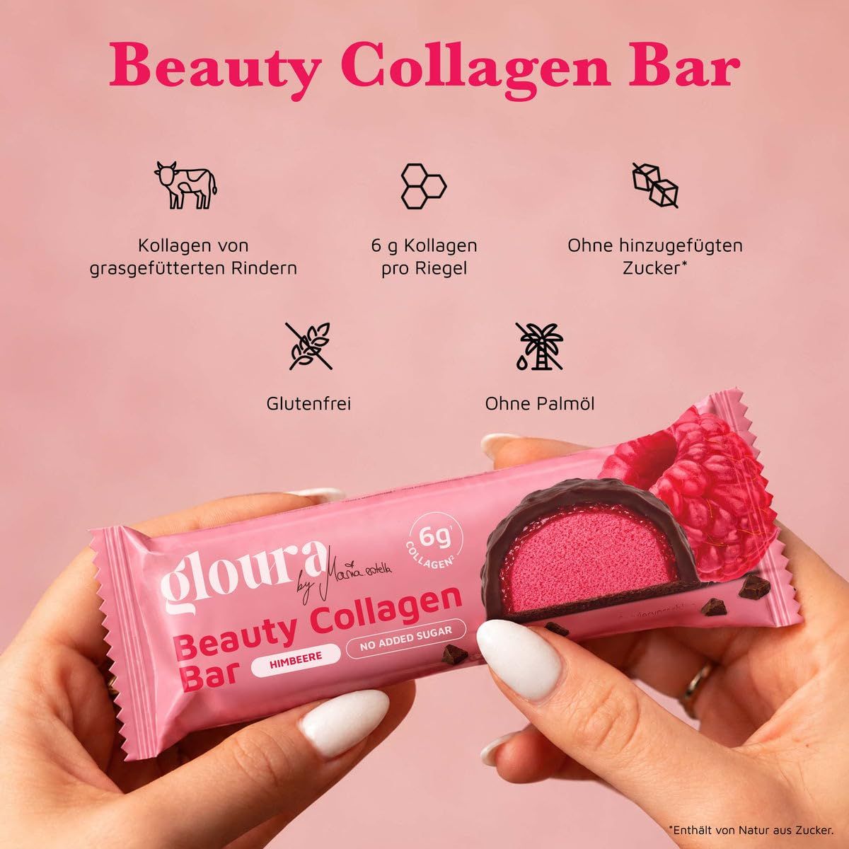 Gloura Beauty Collagen Bar Himbeere: Riegel mit Schokoladenüberzug, Kollagenfüllung und Himbeergeschmack. Ohne Zuckerzusatz.