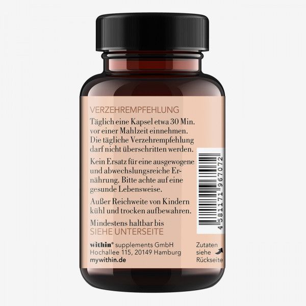Rückseite der braunen Glasflasche mit schwarzem Deckel. Text mit Verzehrempfehlung und Inhaltsstoffen.