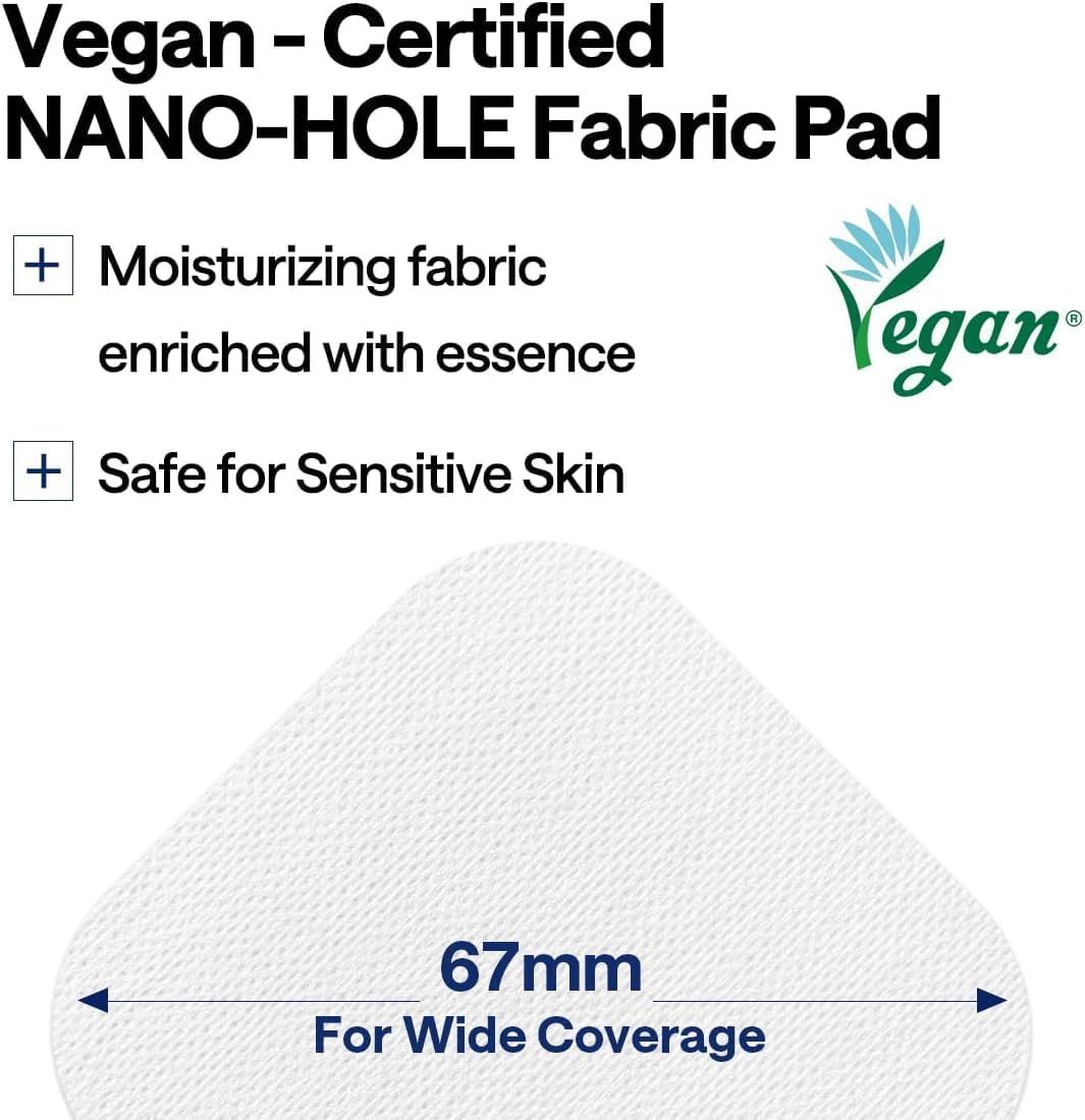 Weißes Pad mit Text: Vegan, NANO-HOLE Fabric Pad. Text: 67mm. Vegan-Logo.