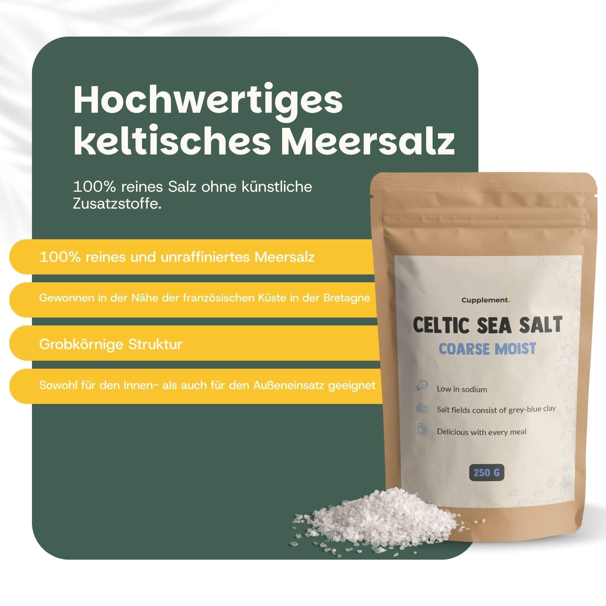 Beutel Cupplement Keltisches Meersalz, 250 g. 100% reines, unraffiniertes Salz. Grobkörnige Struktur. Für innen und außen.
