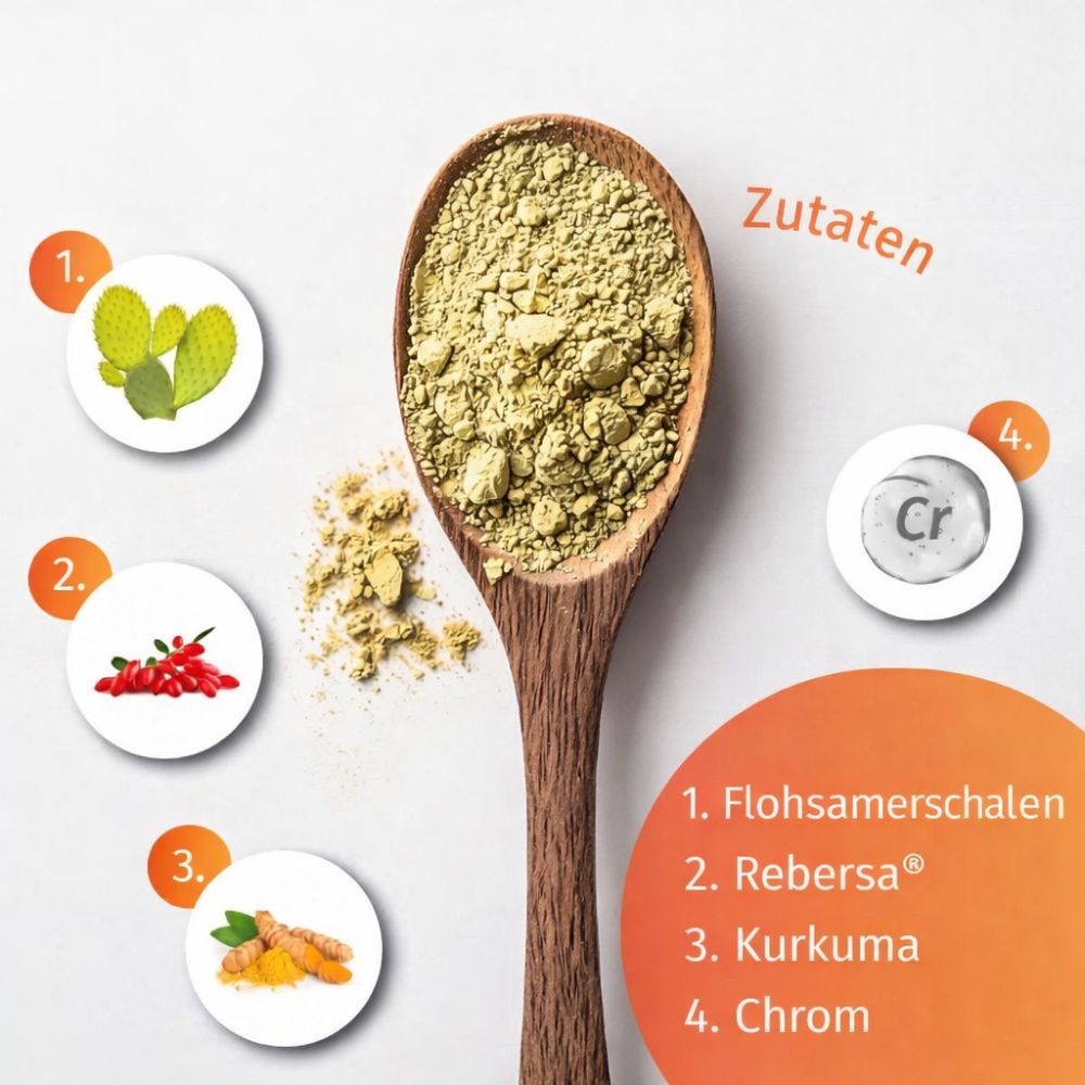 Holzlöffel mit grünem Pulver. Zutaten: Flohsamerschalen, Rebersa, Kurkuma, Chrom. Kreise mit Zutatenabbildungen.