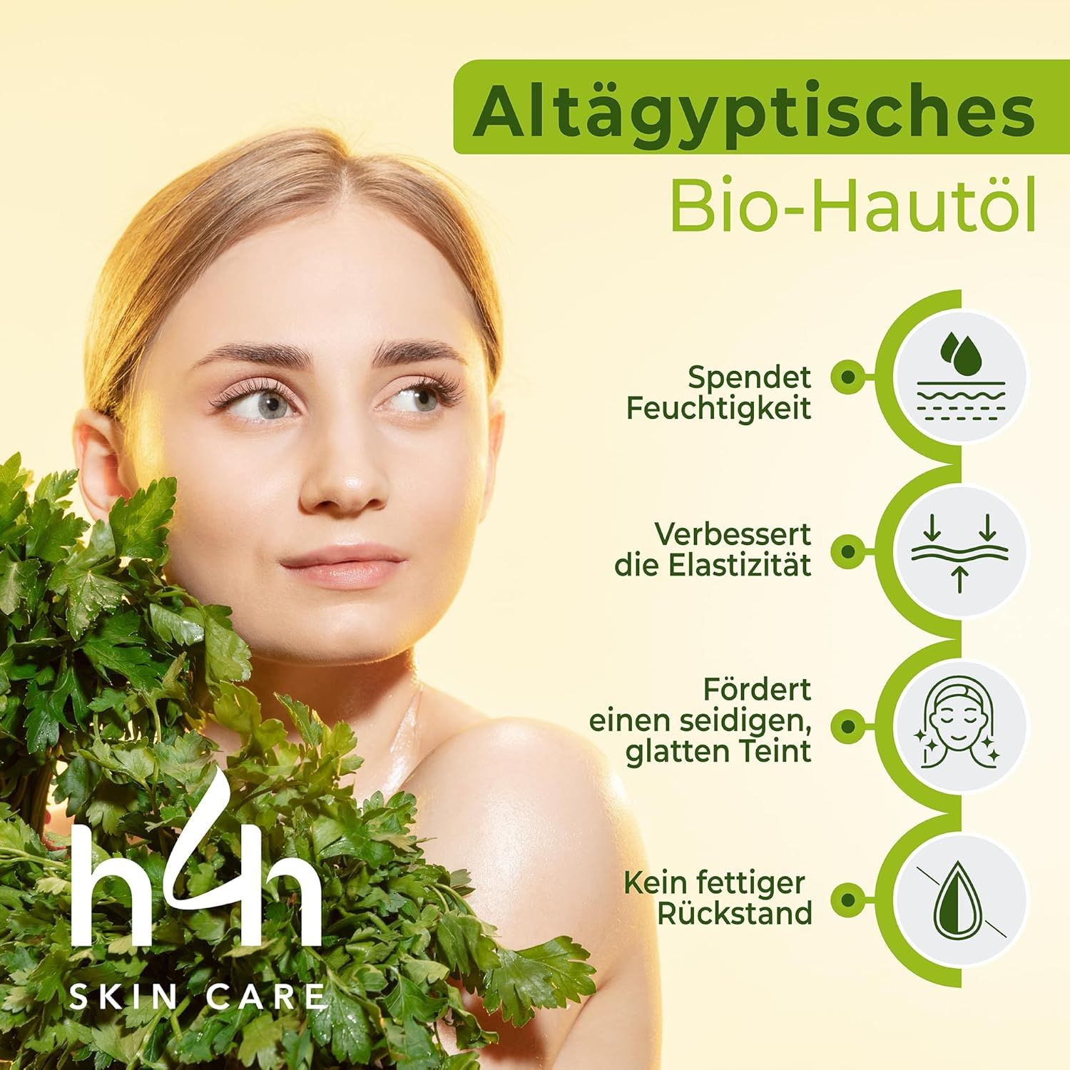 Frau mit Petersilie. Text: Altägyptisches Bio-Hautöl. Spendet Feuchtigkeit, verbessert Elastizität, fördert glatten Teint, kein fettiger Rückstand.