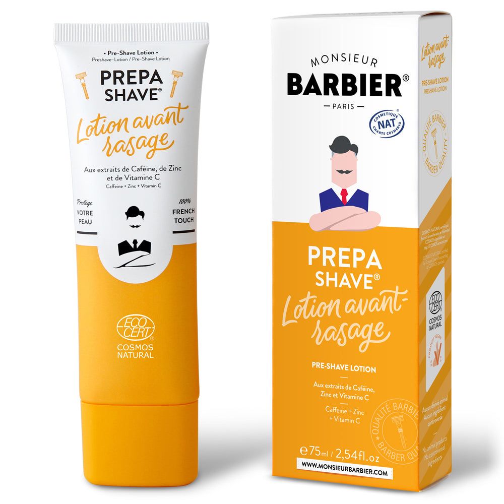 Tube und Schachtel. Aufschrift: PREPA SHAVE Lotion avant rasage. Logo: Mann mit Bart. Marke: MONSIEUR BARBIER. COSMOS NATURAL-Zertifizierung.