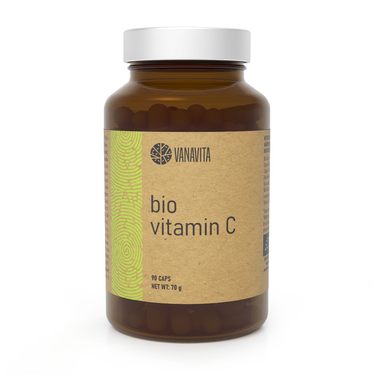 Braune Glasflasche mit Vanavita Bio Vitamin C Kapseln. Etikett zeigt 90 Kapseln.