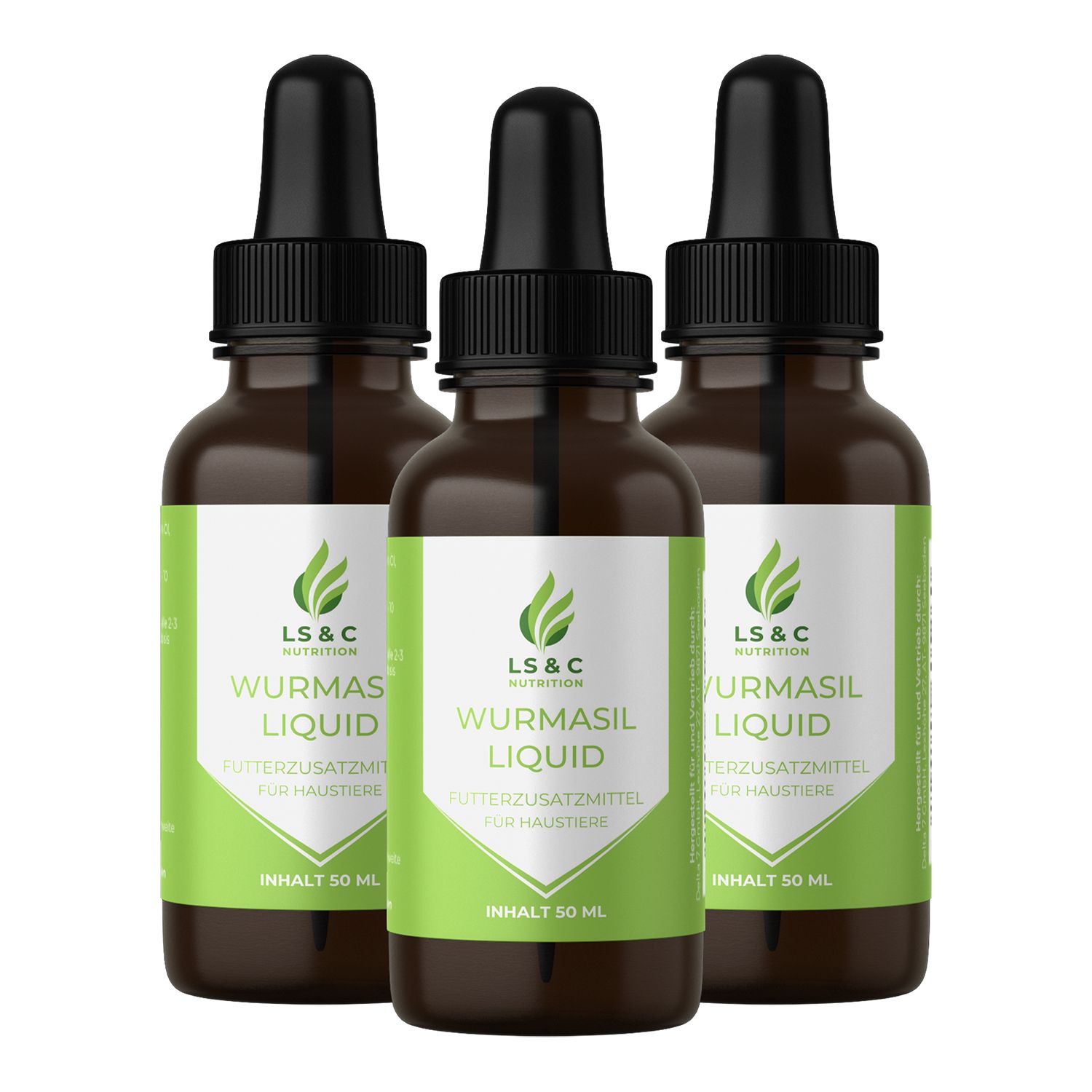 Drei braune Glasflaschen mit schwarzen Tropfaufsätzen. Etiketten mit grünem Streifen und weißem Text: Wurmasil Liquid, LS & C Nutrition.