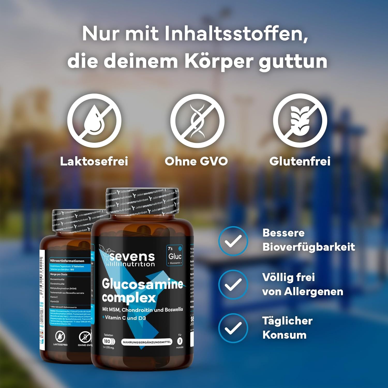 Zwei Dosen SEVENS NUTRITION Glucosamin Komplex. Icons zeigen Laktose-, GVO- und Glutenfreiheit an.