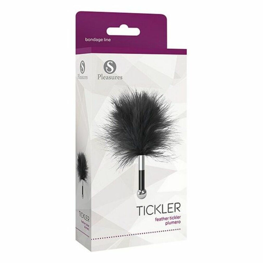 Verpackung mit Federwedel. Marke Pleasures, Produktname Tickler. Schwarzes Federteil, Metallgriff.
