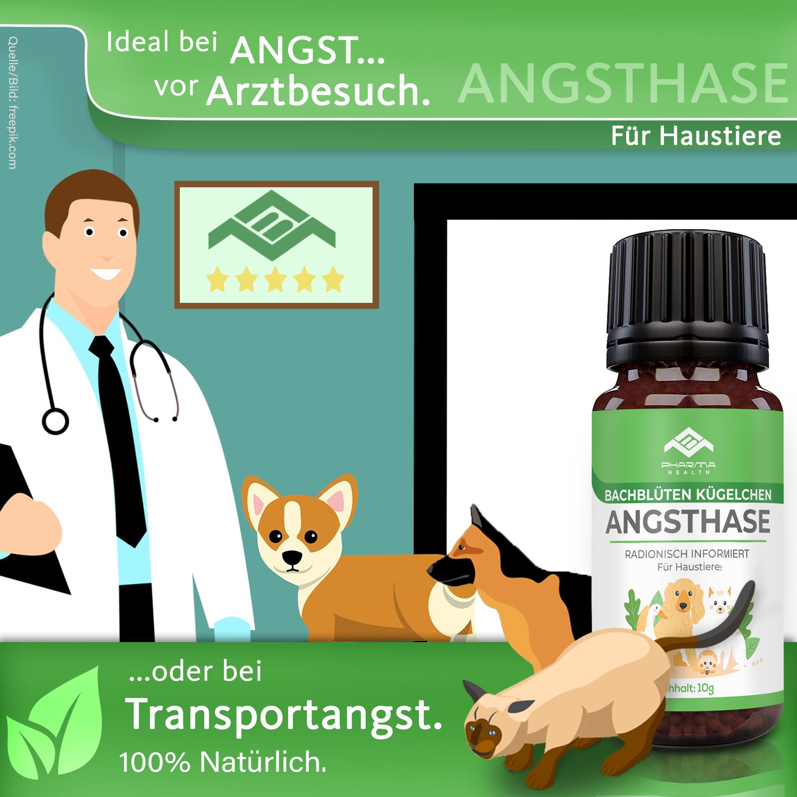 Produktflasche neben Illustrationen von Arzt, Hunden und Katze. Text: "Angsthase", "Für Haustiere", "100% Natürlich".