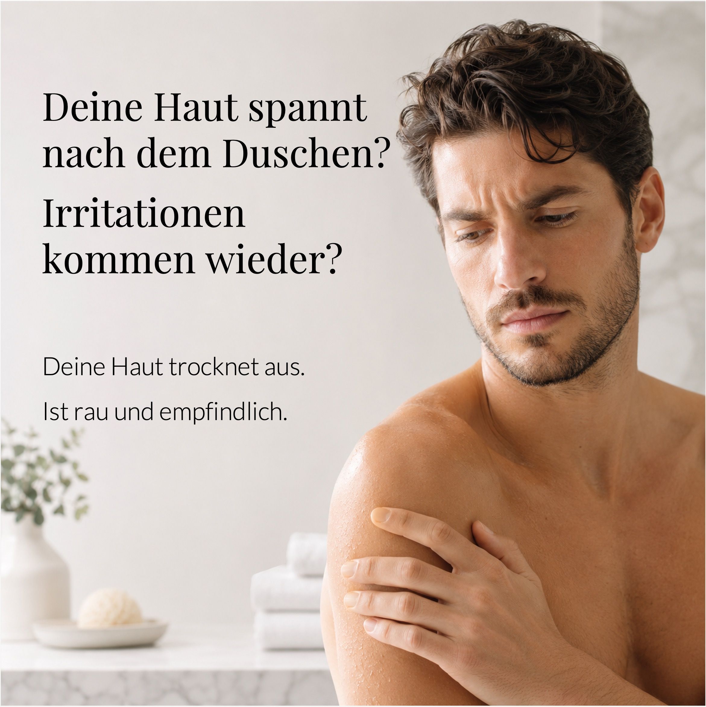 Mann mit besorgtem Gesichtsausdruck. Text: Deine Haut spannt nach dem Duschen? Produktverpackung mit Text: AQUA RELATIVE SHOWER GEL.