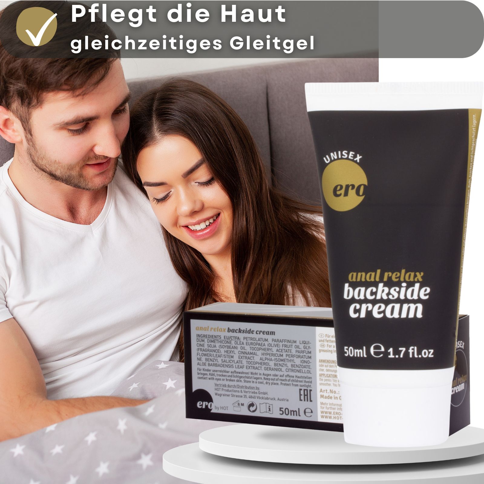 Produkt-Tube und Verpackung. Text: Pflegt die Haut, gleichzeitiges Gleitgel. Paar im Bett.