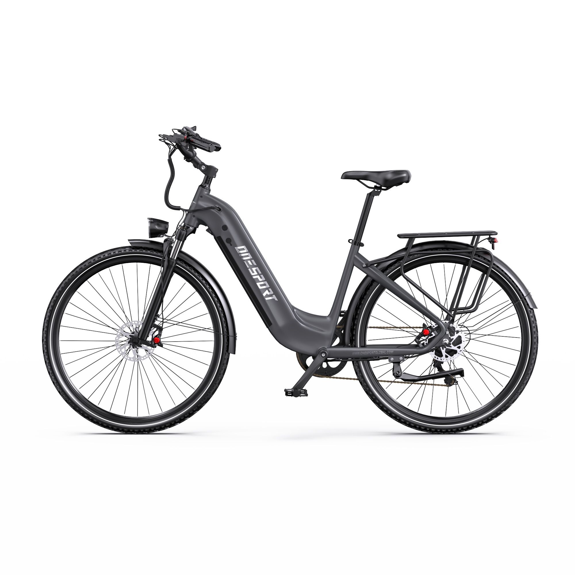 Graues Onesport OT05Pro E-Bike. Sichtbar: Gepäckträger, Scheinwerfer, Schutzbleche, Scheibenbremsen. Aufschrift: ONESPORT.