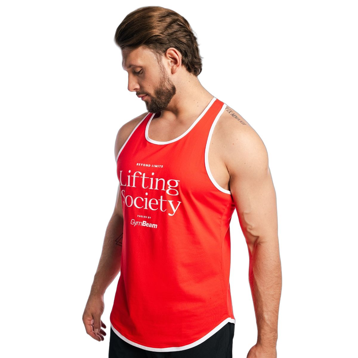 Rotes Herren-Tanktop mit weißem Rand, von der Seite gezeigt.