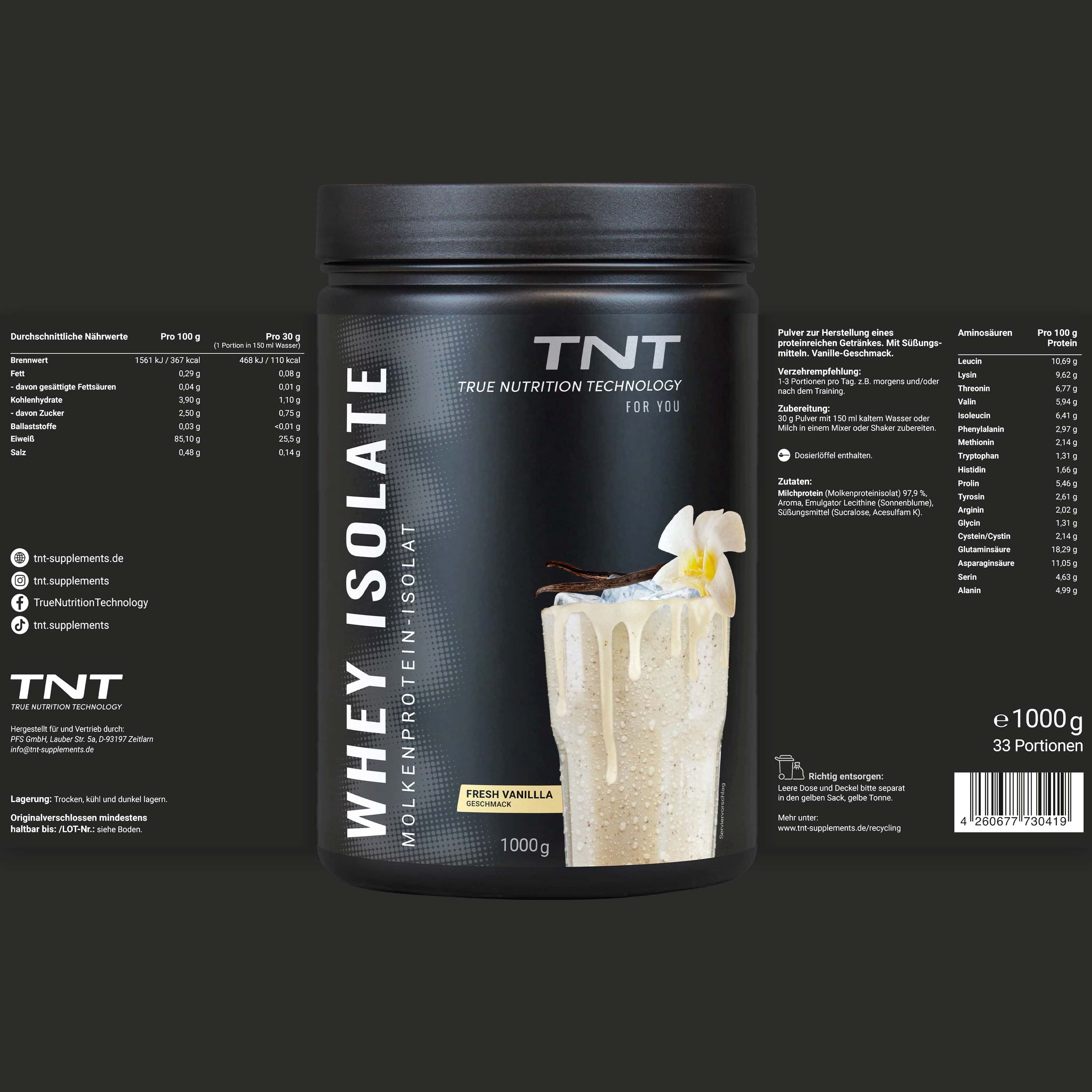 Dose TNT Whey Isolat, 1000g, 33 Portionen. Nährwertangaben auf Etiketten. Text: Fresh Vanilla. Logo TNT.