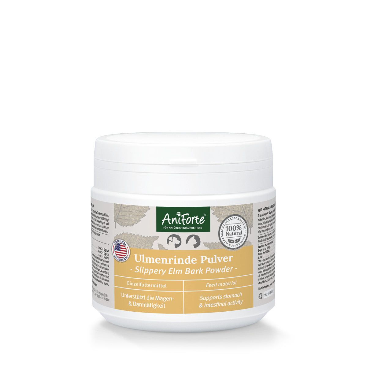 Weiße Dose mit AniForte-Logo und Text: Ulmenrinde Pulver. Aufschrift: 100% natürlich. Etikett mit Produktinformationen.