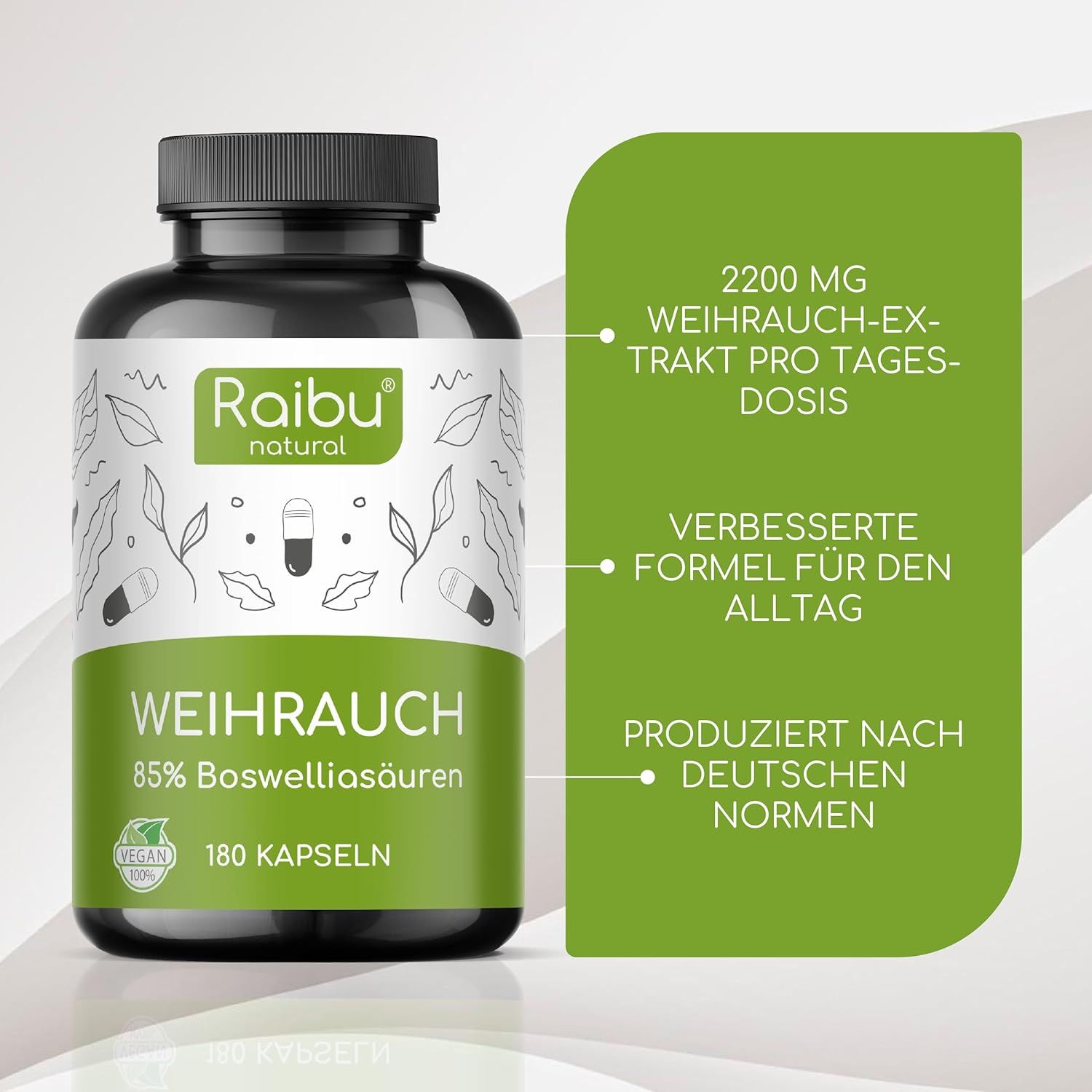 Schwarze Flasche mit Kapseln. Aufschrift: Raibu natural, Weihrauch, 85% Boswelliasäuren, 180 Kapseln. Text: 2200 mg Weihrauch-Extrakt.