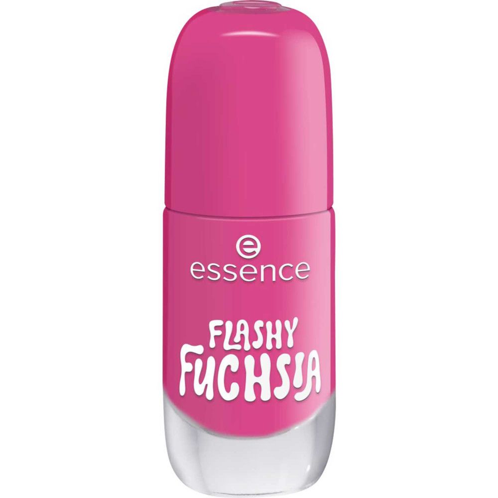 Geschlossene Nagellackflasche, pinkfarben. Aufschrift "Flashy Fuchsia" und "essence".