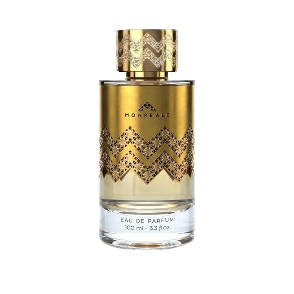 Goldfarbener Flakon mit Zickzack-Muster und Aufschrift "MONREALE". Aufschrift "EAU DE PARFUM".