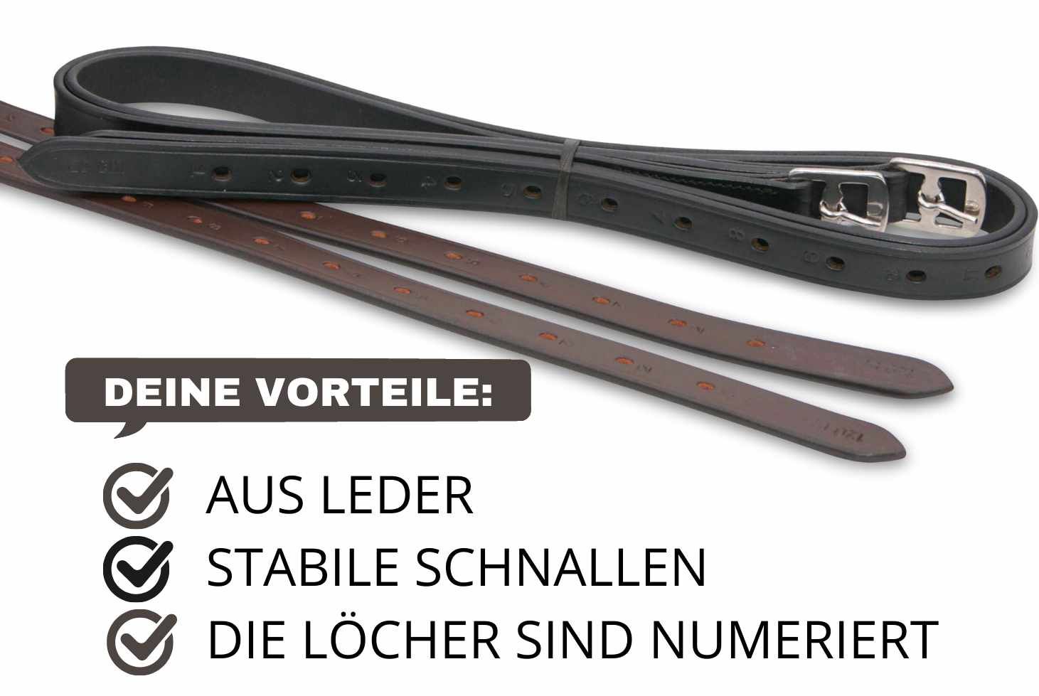 Steigbügelriemen aus Leder. Schwarze und braune Riemen mit Schnallen. Löcher sind nummeriert.