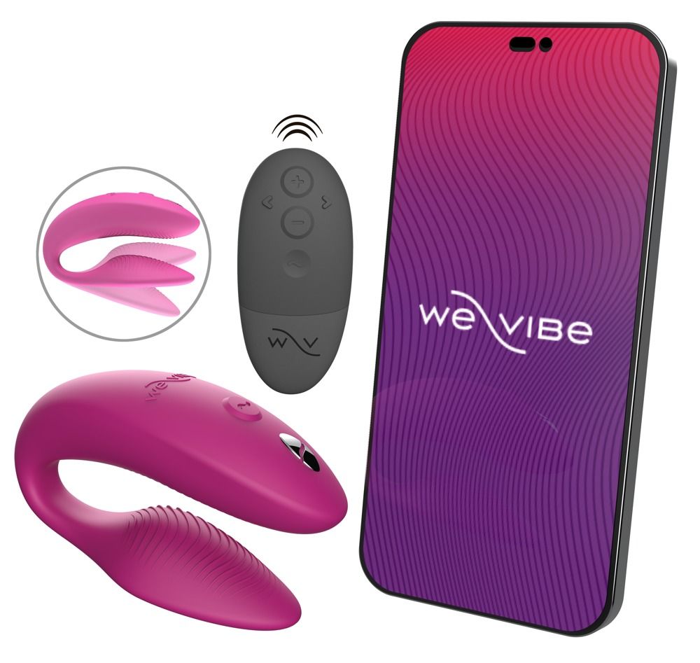Rosa Wellness-Produkt, Fernbedienung, Smartphone mit Logo. Das Produkt hat eine geschwungene Form mit geriffelter Oberfläche.