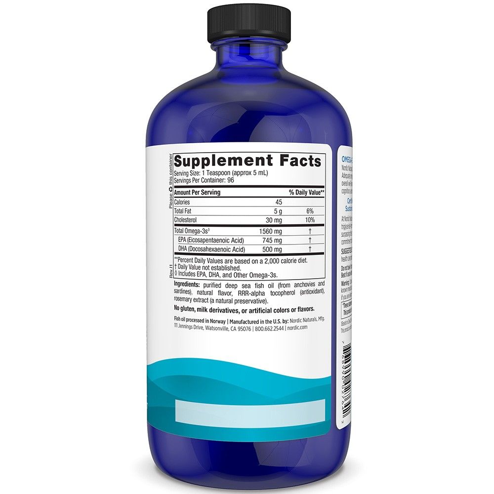 Nährwertangaben auf der Rückseite der Nordic Naturals Omega-3 Flasche. Enthält 1560 mg Omega-3.