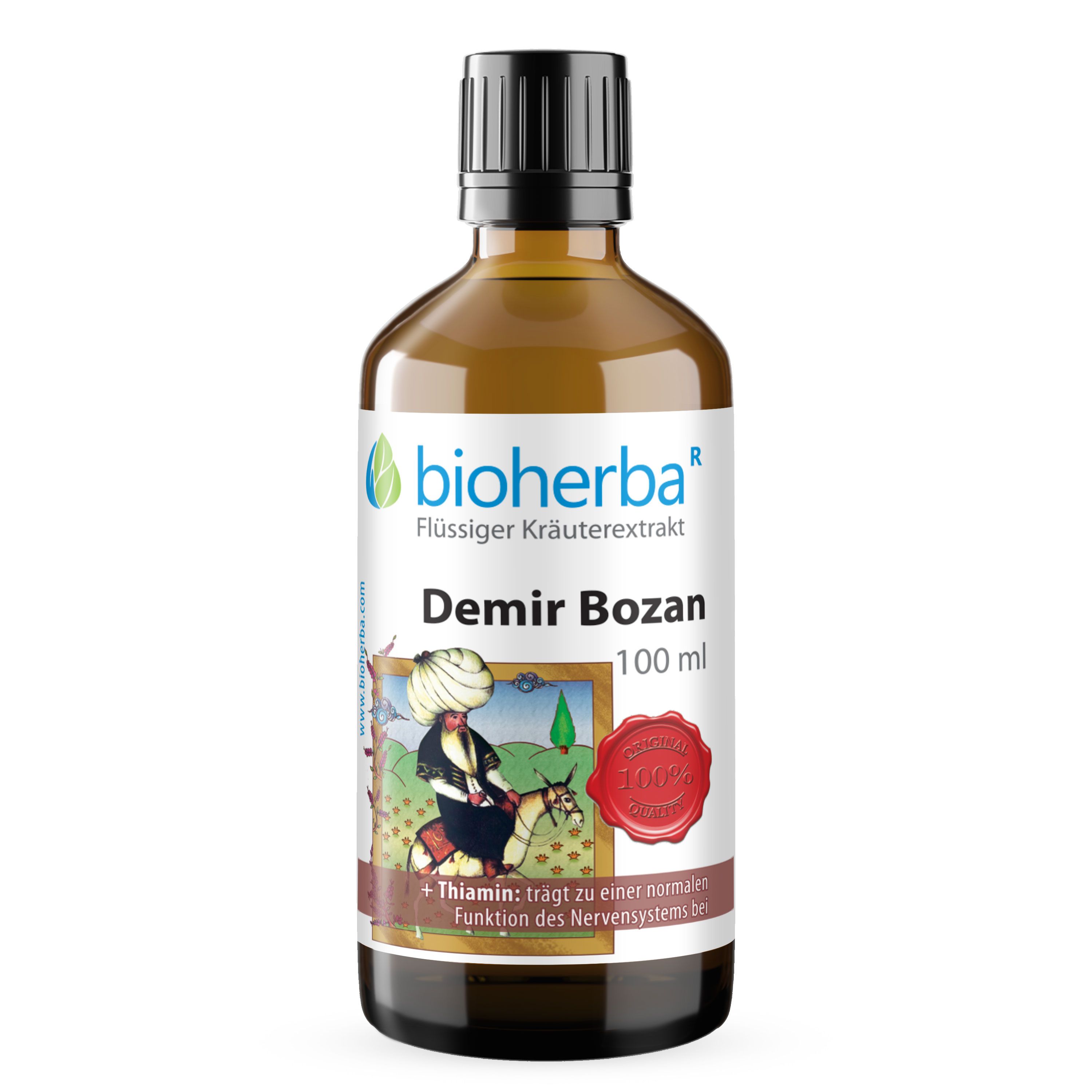 Braune Glasflasche mit schwarzem Deckel. Etikett mit Logo, Produktname, Abbildung und rotem Siegel. 100 ml.