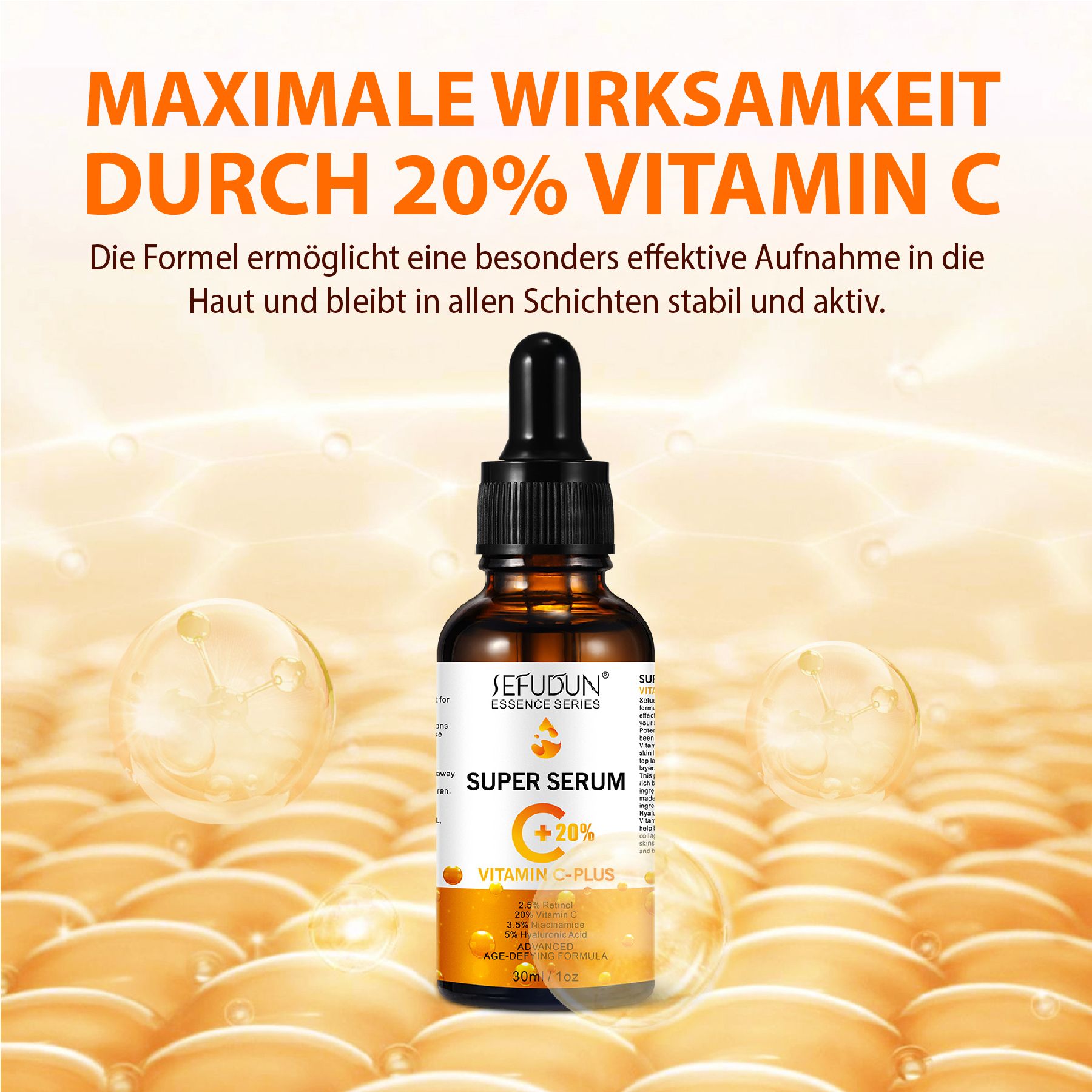 Serumflasche mit Pipette. Text: Maximale Wirksamkeit durch 20% Vitamin C. Die Formel ermöglicht eine effektive Aufnahme in die Haut.