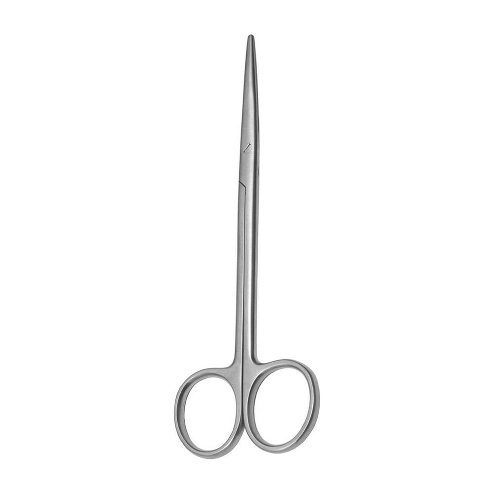 Chirurgische Schere aus Metall. Spitze, gebogene Klingen mit abgerundeten Griffen. Auf weißem Hintergrund.