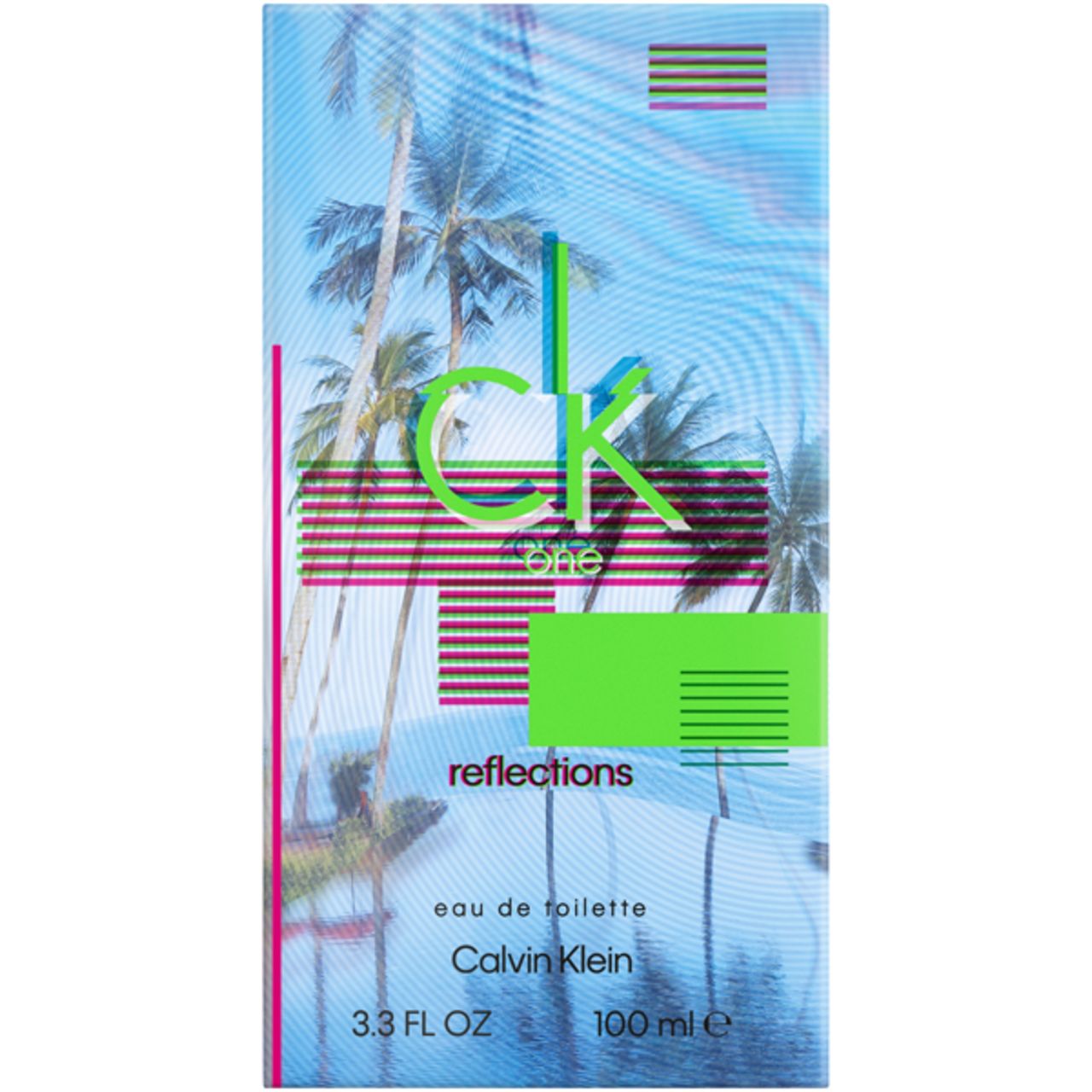Verpackung von CK One Reflections E.d.T. Nat. Spray. Rechteckige Verpackung mit Palmenmotiv. Calvin Klein.