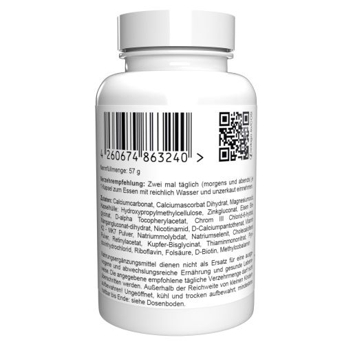 Rückseite einer weißen Kapsel-Dose mit Barcode und QR-Code. Text: Verzehrempfehlung, Inhaltsstoffe, Warnhinweise.
