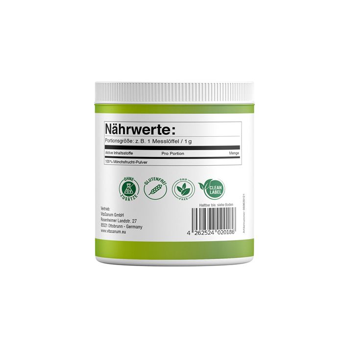 Rückseite des weißen VitaSanum®-Mönchsfrucht Pulver-Behälters. Grüne Etikett mit Nährwertangaben, Logos und Barcode. Text: 100% Mönchsfrucht Pulver.