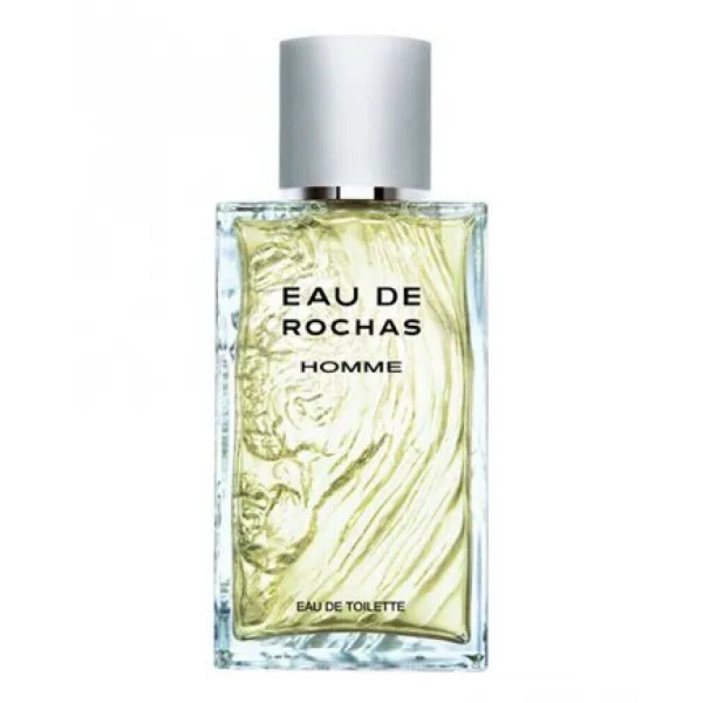 Glasflakon mit silbernem Deckel. Aufschrift: Eau de Rochas Homme Eau de Toilette. Klarer, gelblicher Inhalt. Relief auf der Vorderseite.