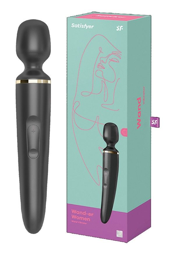 Produkt und Verpackung von Satisfyer. Türkis-rosa Design mit Produkt und Umriss einer Frau. Produktname: Wand-er Women.