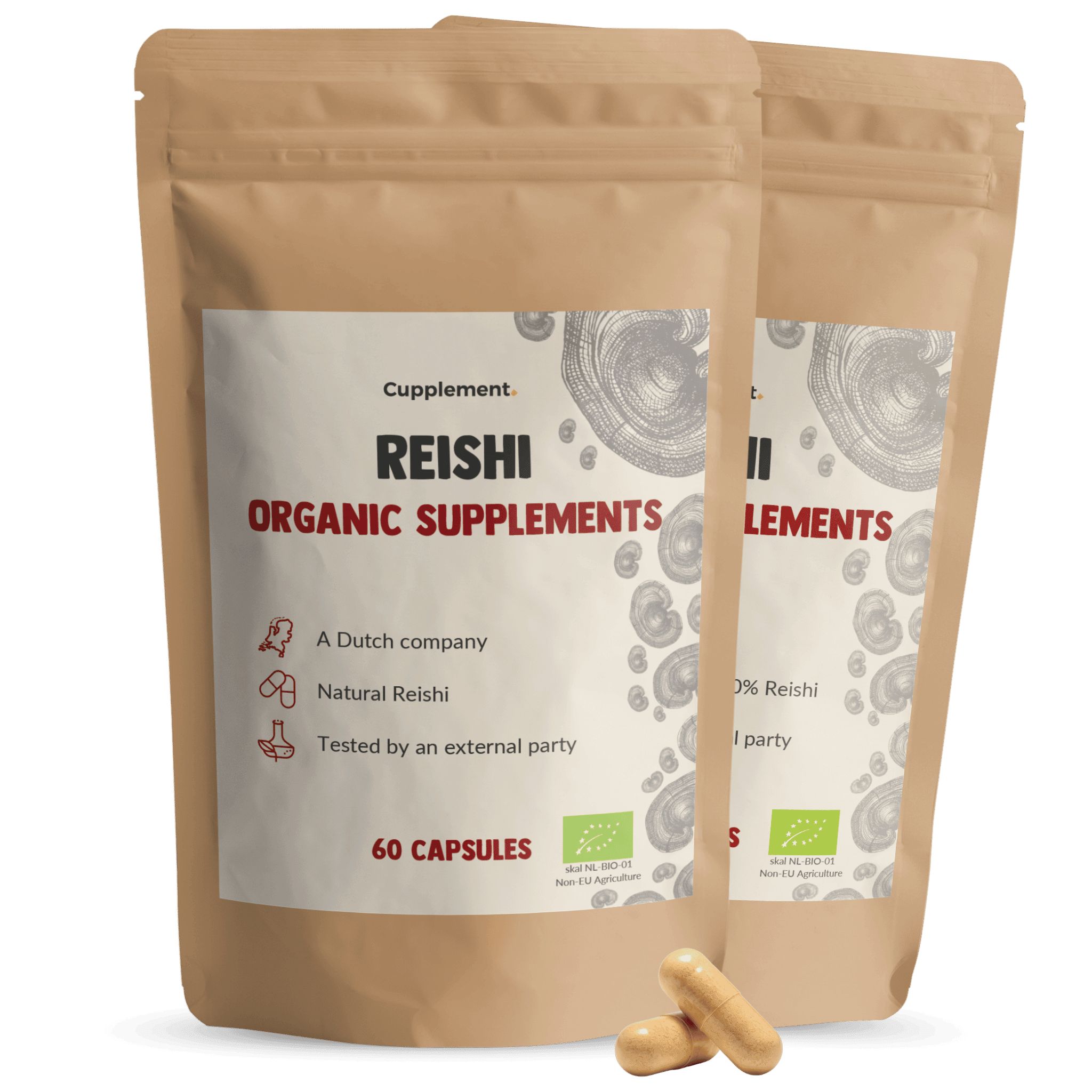 Zwei Beutel Cupplement® Reishi Kapseln. Aufschrift: Reishi Organic Supplements, 60 Kapseln. Braune Kapseln liegen daneben.