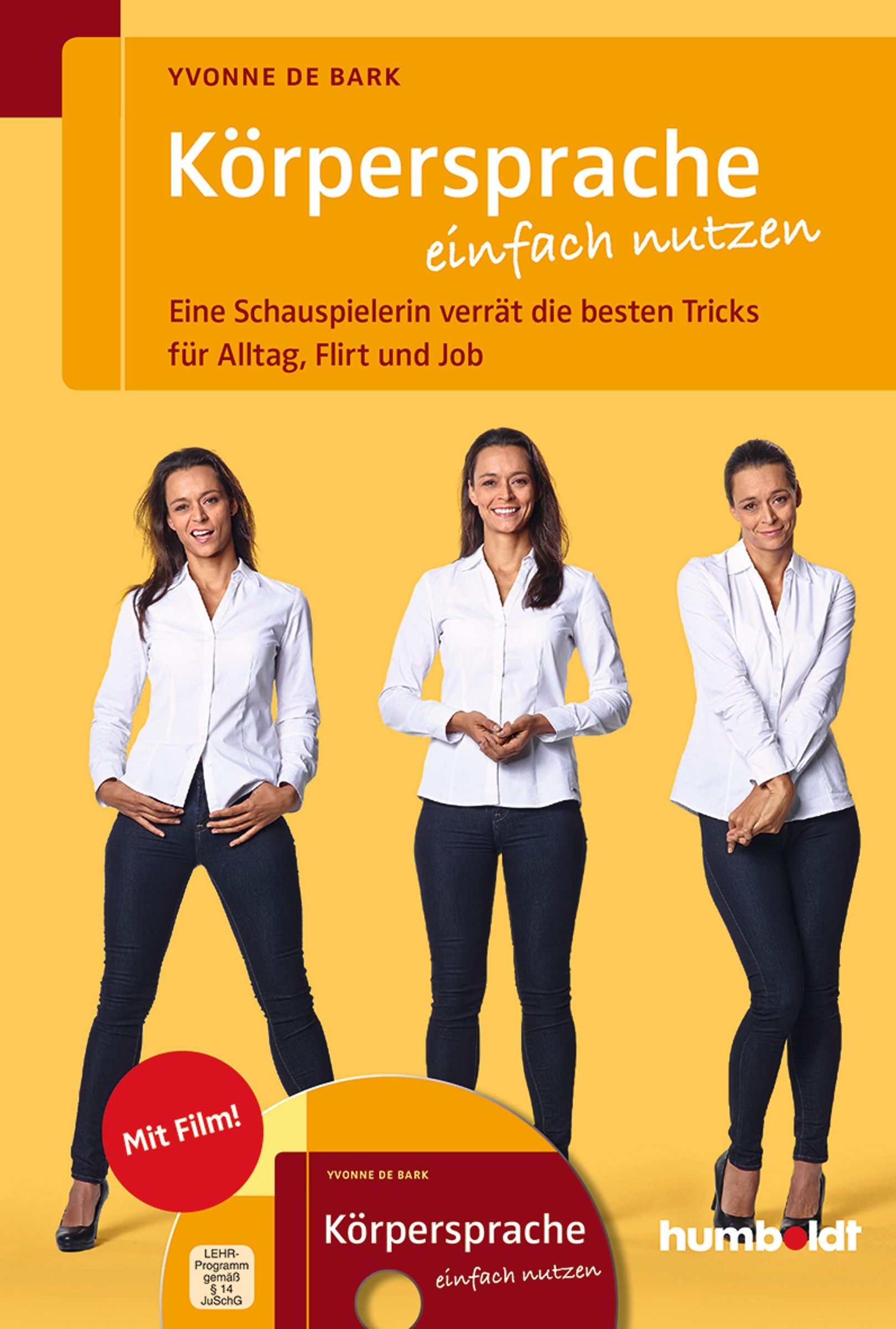 Buchcover mit Titel: Körpersprache einfach nutzen. Drei Frauen in verschiedenen Posen. Mit Film-Hinweis und Humboldt-Logo.
