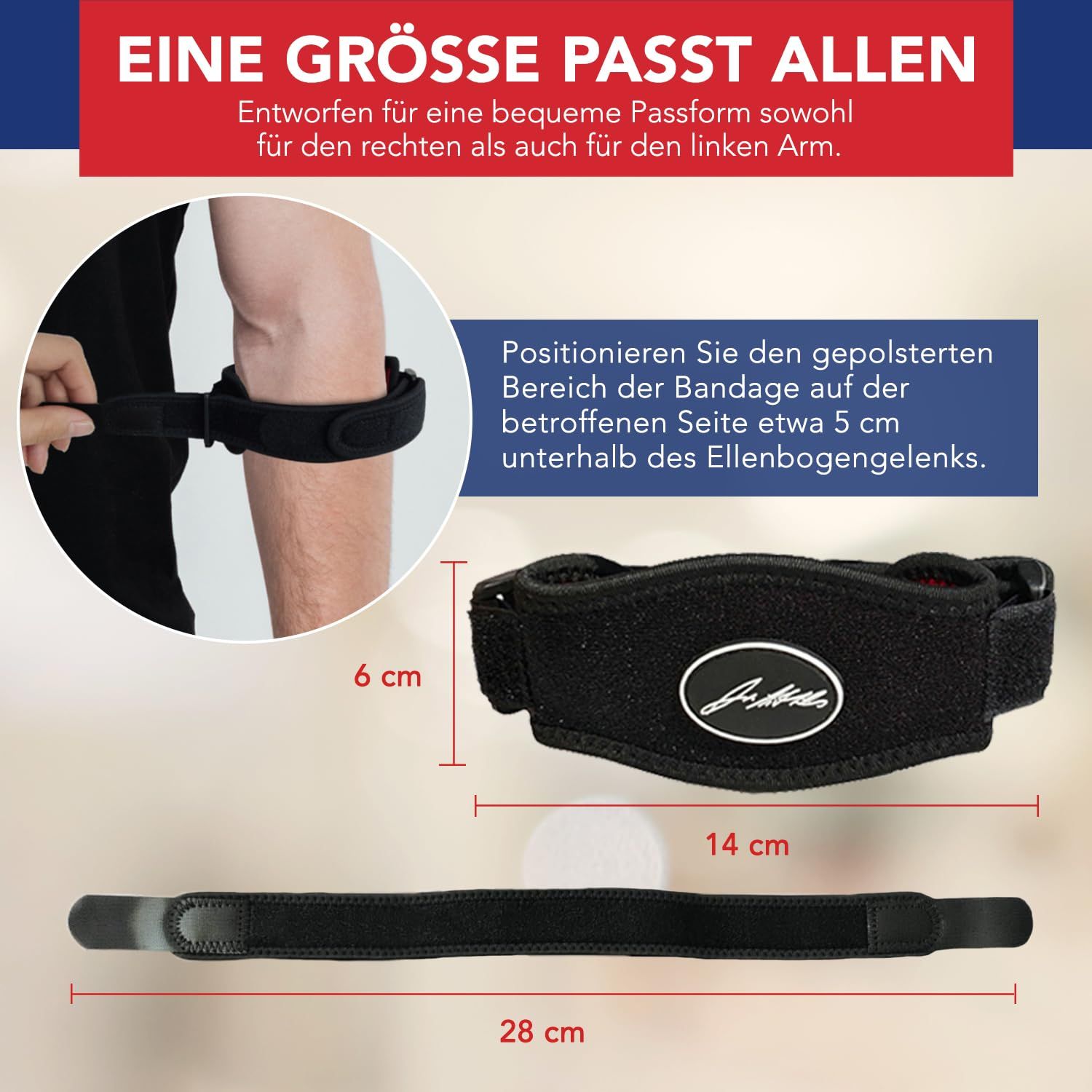 Detailansicht einer schwarzen Ellenbogenbandage mit rotem Rand und Klettverschluss.