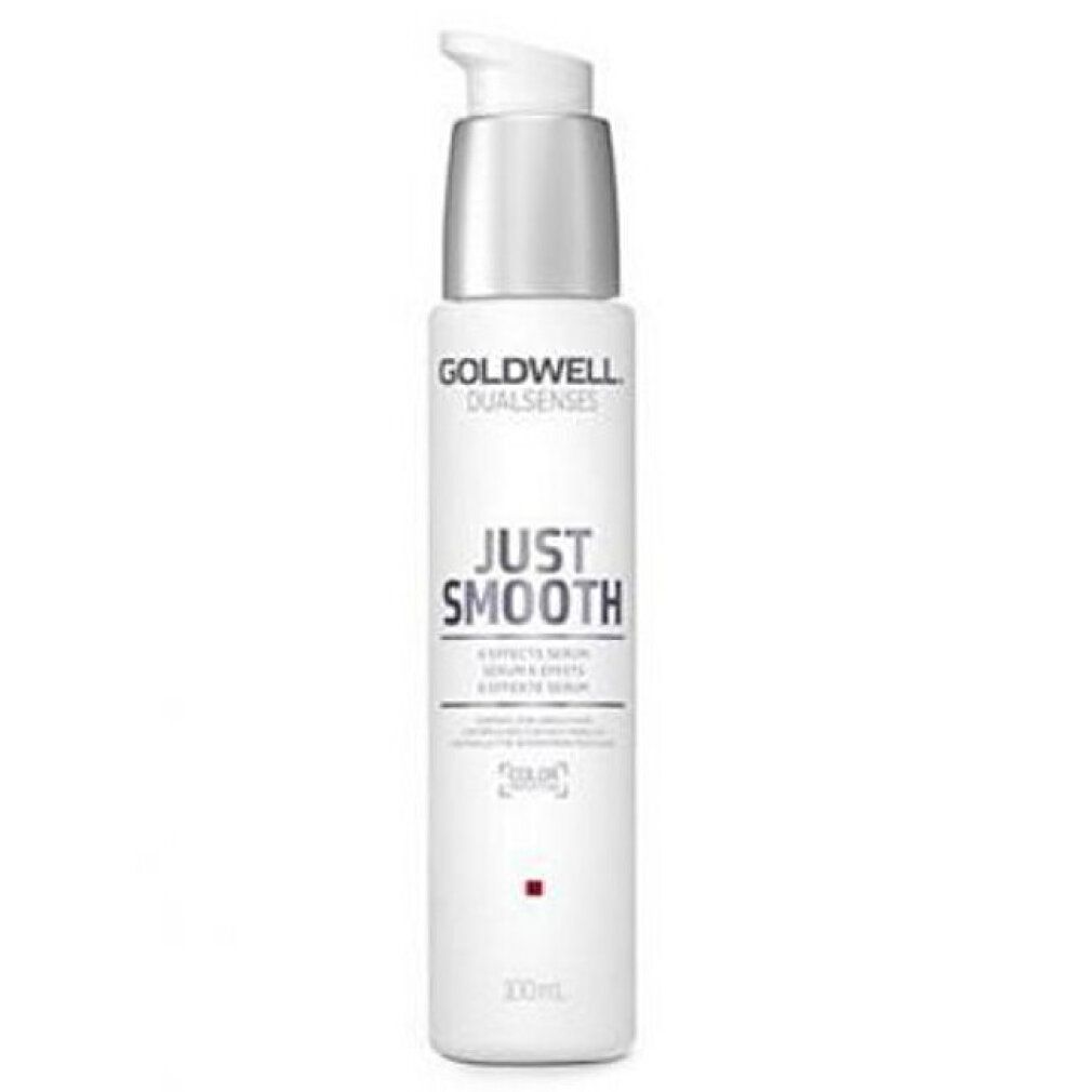 Goldwell Dualsenses Just Smooth Serum. Weiße Flasche mit silbernem Pumpkopf. Produktname und Logo deutlich sichtbar.