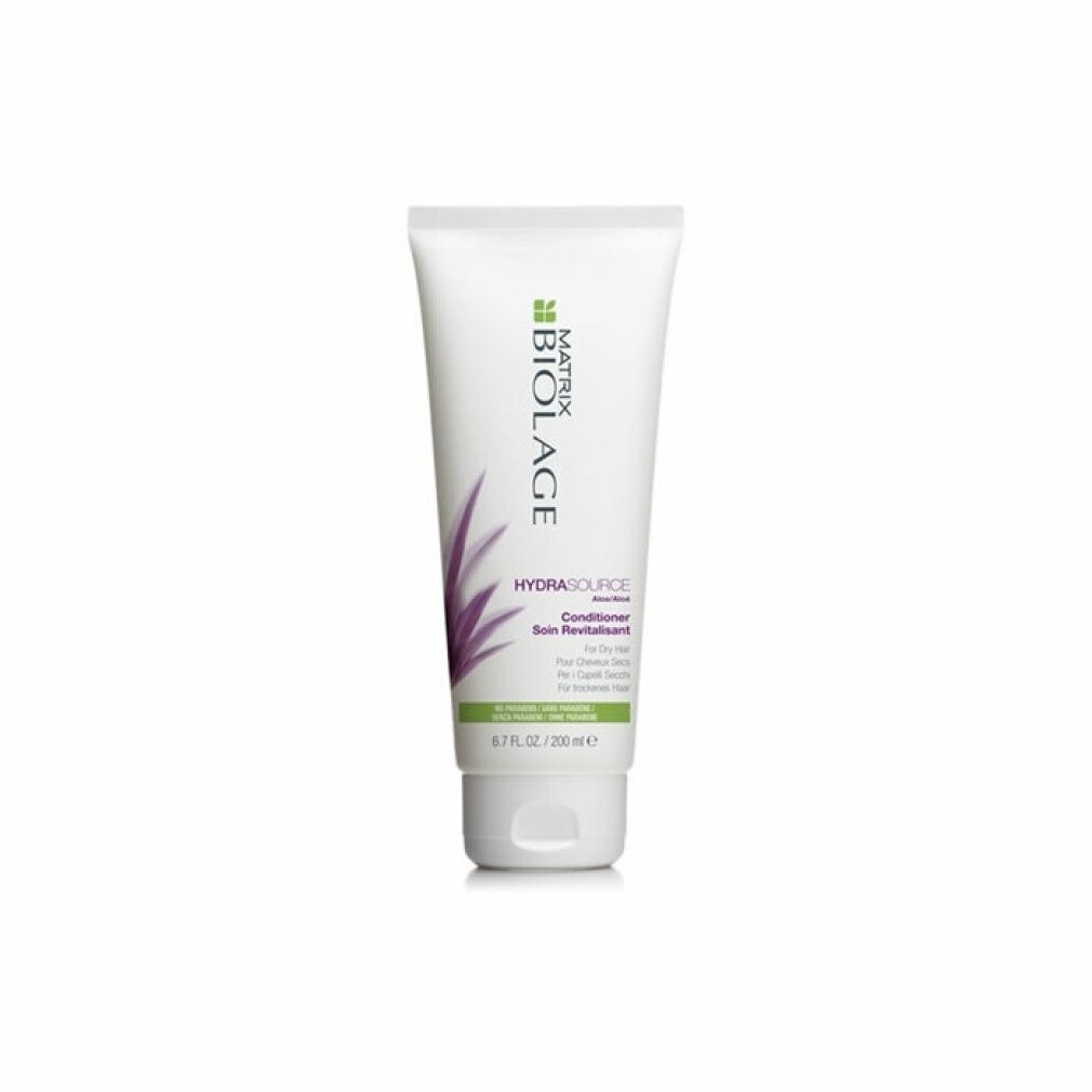 Weiße Tube mit MATRIX BIOLAGE HydraSource Conditioner. Text in Englisch, Französisch, und Deutsch. 6.7 FL. OZ. / 200 ml.