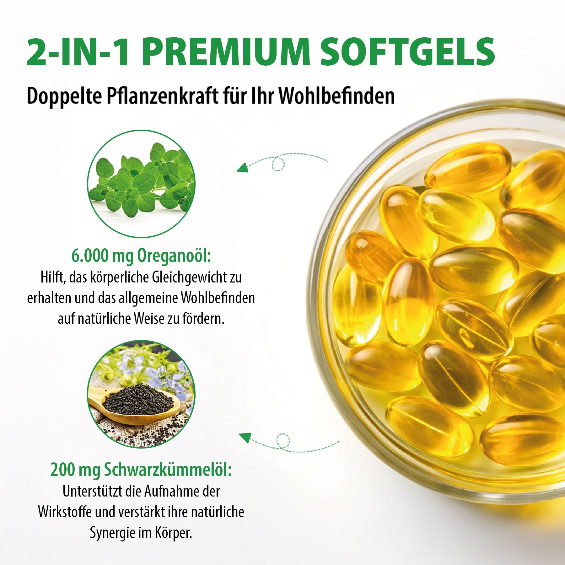 Schüssel mit Softgels. Text: 6.000 mg Oreganoöl, 200 mg Schwarzkümmelöl. Gelbe Kapseln.