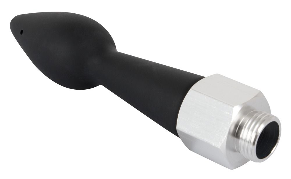Schwarzer Analplug mit 1 Loch. Mit Gewindeanschluss und silberfarbenem Metallteil.