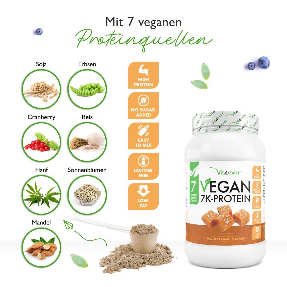 Infografik mit Zutaten. 7 vegane Proteinquellen: Soja, Erbse, Cranberry, Reis, Hanf, Sonnenblume, Mandel. Dose mit Produkt und Löffel.