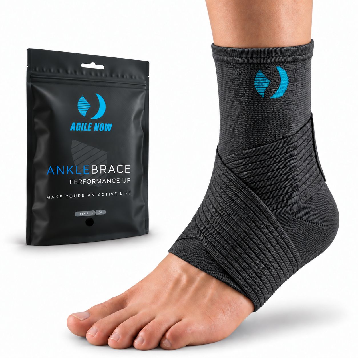 Grauer Knöchelbandage mit blauen Logo und schwarzer Verpackung mit Aufschrift "AGILE NOW ANKLEBRACE".