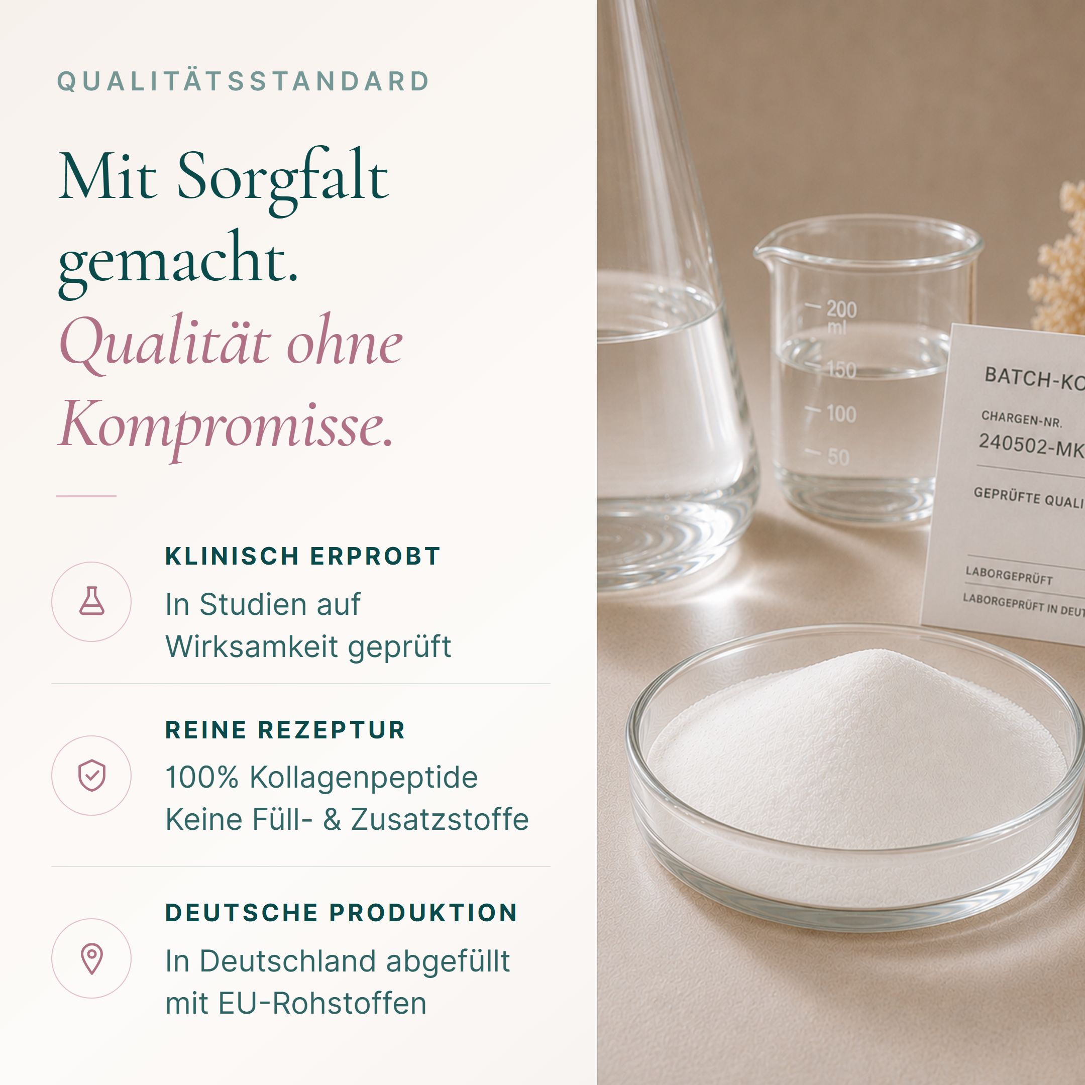 Laborgeräte und Kollagenpulver. Text: Klinisch erprobt. Reine Rezeptur. Deutsche Produktion.
