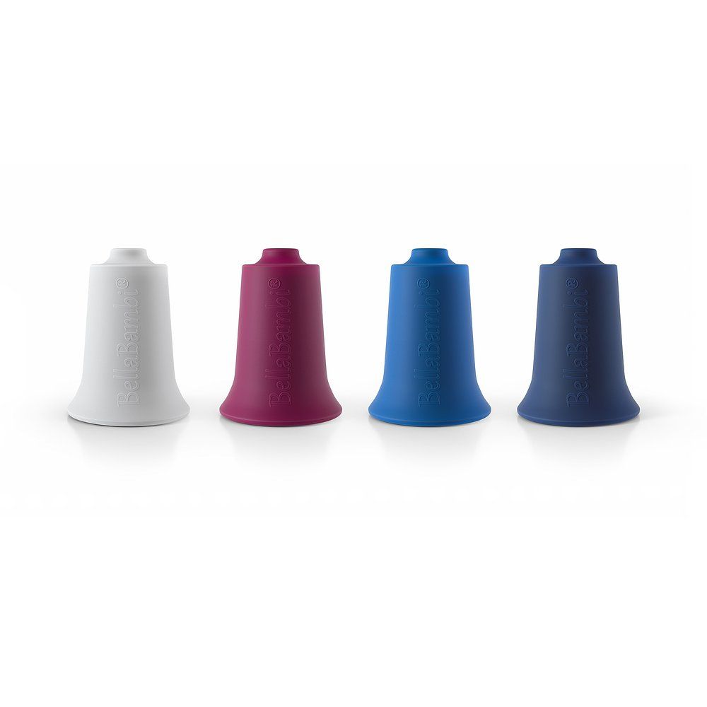 Vier Schröpfköpfe, verschiedene Farben: Weiß, Magenta, Blau und Dunkelblau. Glockenförmig mit schmalem Hals.