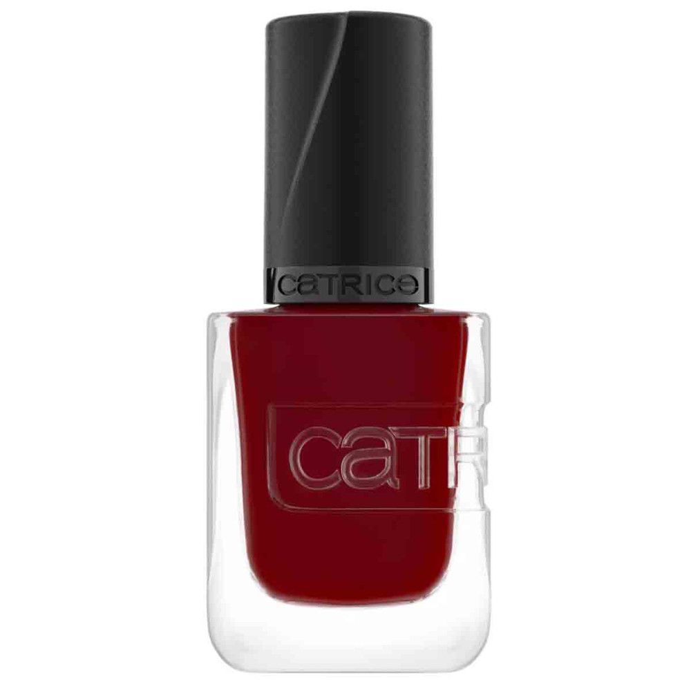 Nagellackflasche mit schwarzem Deckel. Roter Nagellack. "catrice" Schriftzug auf der Flasche.