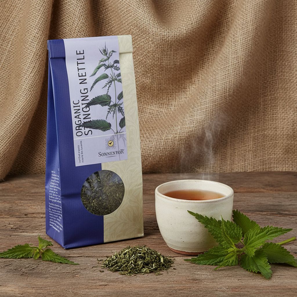 SonnentOr Brennnessel lose bio mit Tasse Tee und frischen Brennnesseln.