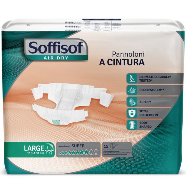 Verpackung Soffisof Inkontinenzschutz mit Hüftbund Super, Größe Large. Enthält 15 Stück. Mit Produktmerkmalen und Zertifizierungen.