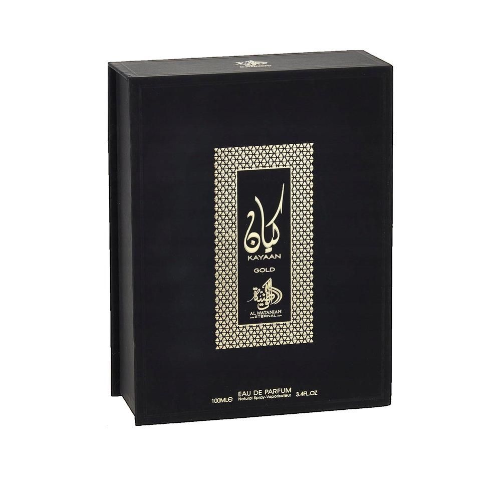 Schwarze rechteckige Verpackung mit goldfarbenem Logo und Schriftzug: Kayaan Gold. Aufschrift: Eau de Parfum.