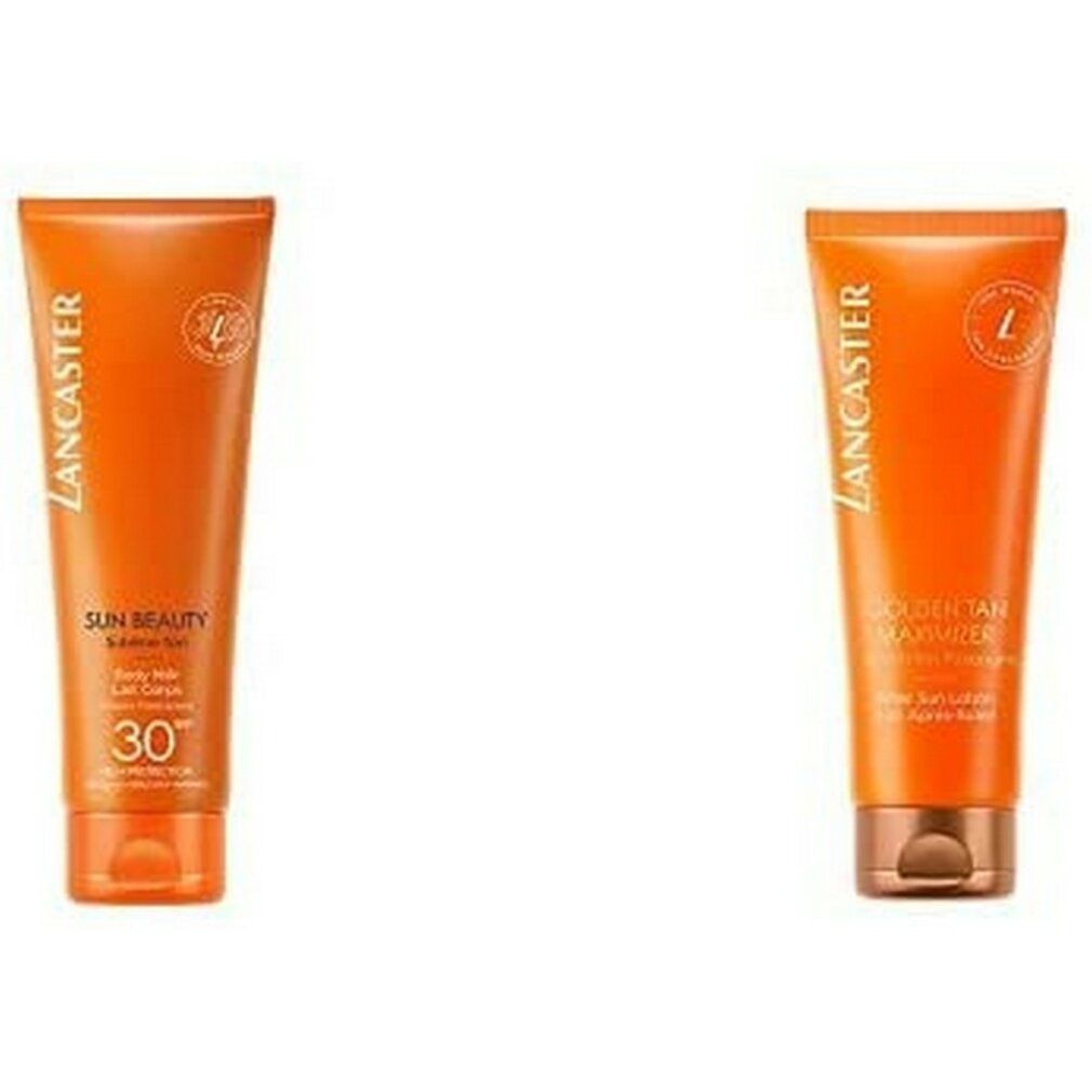 Zwei orangefarbene Tuben. Links: Lancaster Sun Beauty, SPF 30. Rechts: Lancaster Golden Tan Moisturizer.