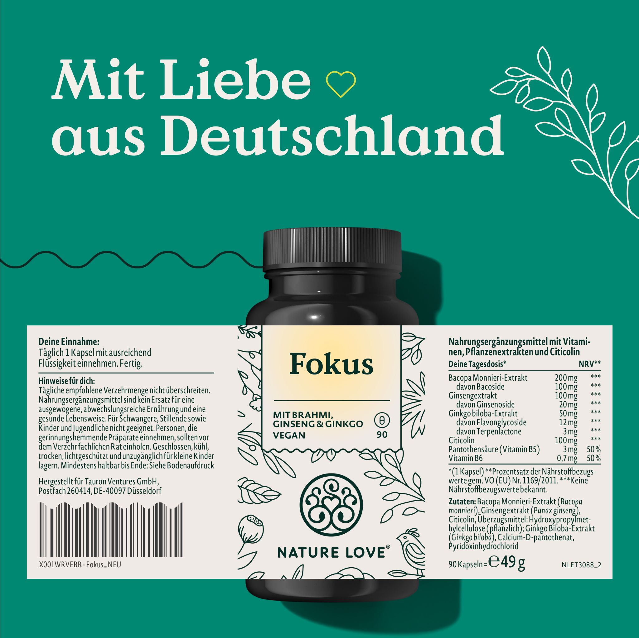 Schwarze Flasche mit Etikett. Aufschrift: Fokus, mit Brahmi, Ginseng & Ginkgo, Vegan. Informationen zu Inhaltsstoffen und Nährwerten.