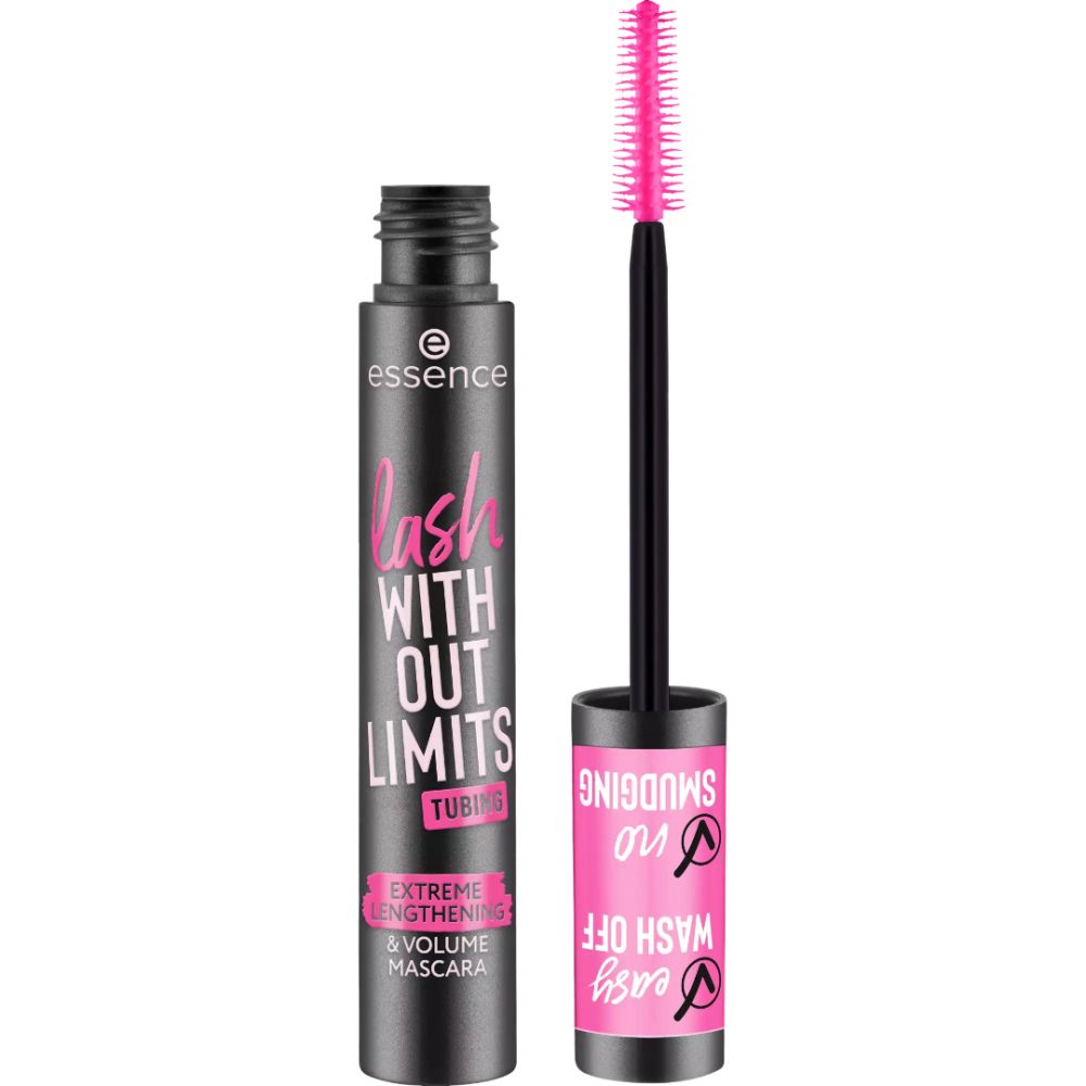 Essence Lash Without Limits Mascara. Schwarze Tube und Bürste. Pinkfarbene Bürste. Text: Easy Wash Off, No Smudging, Extreme Lengthening & Volume Mascara.